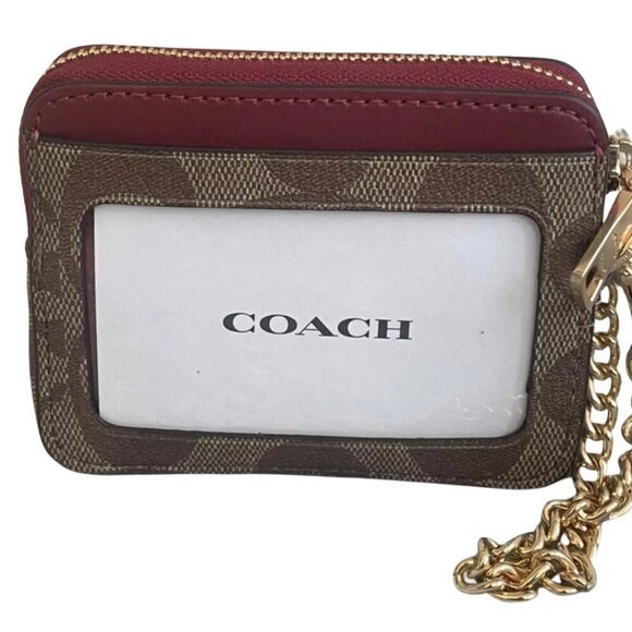 COACH Leather Zip Card Case Signature Khaki Cherry Detachable Chain NWT - Picture 3 of 11